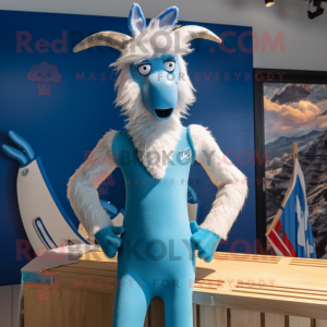 Blue Angora Goat mascot costume character dressed with a One-Piece Swimsuit and Tie pins