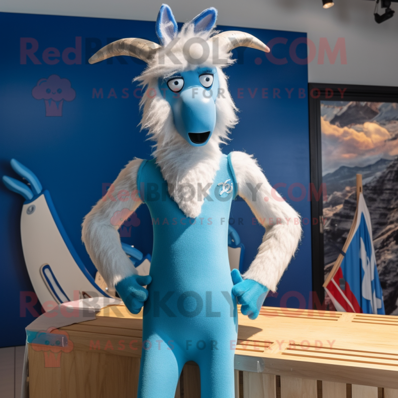 Blue Angora Goat mascot costume character dressed with a One-Piece Swimsuit and Tie pins Blue Angora Goat mascot costume character dressed with a One-Piece Swimsuit and Tie pins