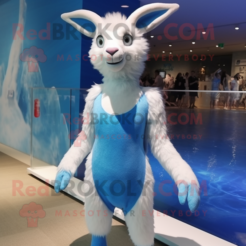 Blue Angora Goat mascot costume character dressed with a One-Piece Swimsuit and Tie pins