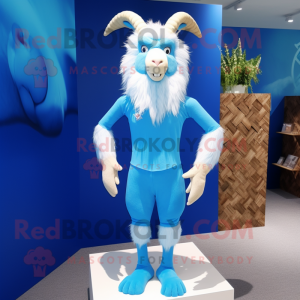 Blue Angora Goat mascot costume character dressed with a One-Piece Swimsuit and Tie pins