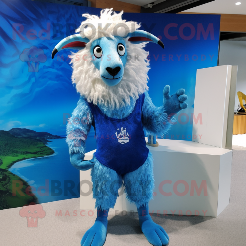 Blue Angora Goat mascot costume character dressed with a One-Piece Swimsuit and Tie pins