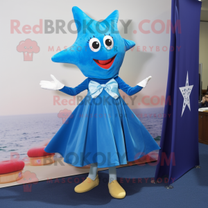 Blue Starfish mascot costume character dressed with a Pleated Skirt and Brooches
