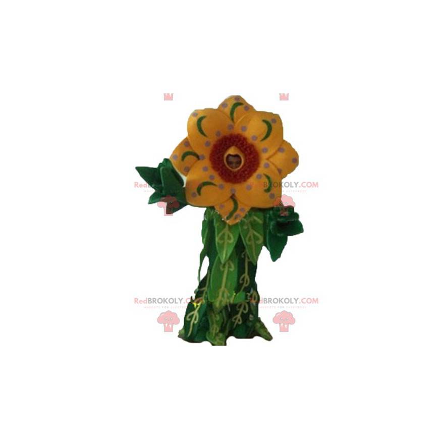 Beautiful yellow and red flower mascot with leaves -