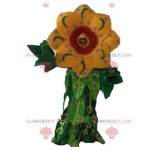Beautiful yellow and red flower mascot with leaves -
