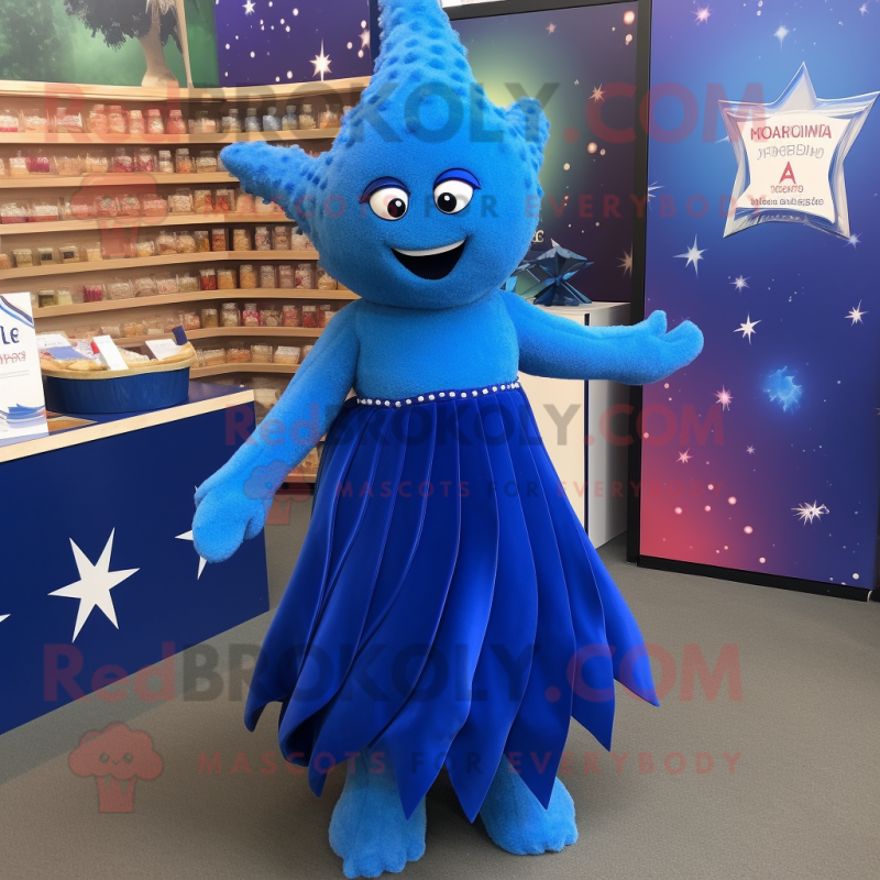 Blue Starfish mascot costume character dressed with a Pleated Skirt and Brooches