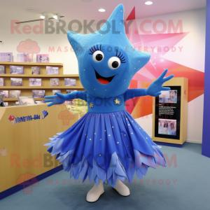 Blue Starfish mascot costume character dressed with a Pleated Skirt and Brooches