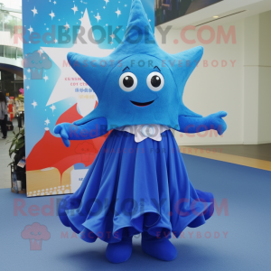 Blue Starfish mascot costume character dressed with a Pleated Skirt and Brooches