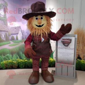 Maroon Scarecrow mascot costume character dressed with a Vest and Hairpins