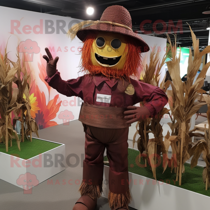 Maroon Scarecrow mascot costume character dressed with a Vest and Hairpins