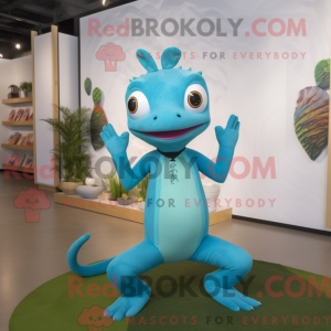 Maskotkarakter af en cyan...