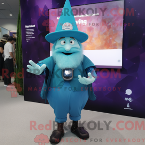 Maskotfigur af en cyan...