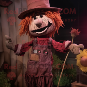 Maroon Scarecrow mascot costume character dressed with a Vest and Hairpins