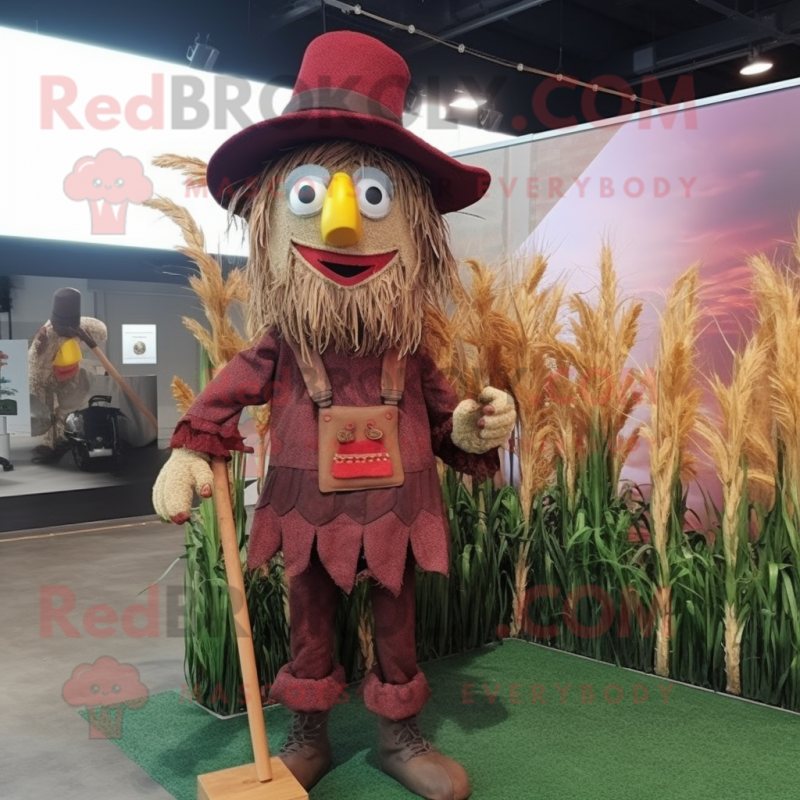 Maroon Scarecrow mascot costume character dressed with a Vest and Hairpins Maroon Scarecrow mascot costume character dressed with a Vest and Hairpins