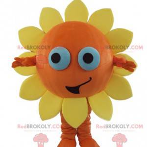 Mascota de flor naranja y amarilla sol muy sonriente -