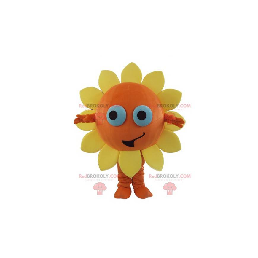 Mascota de flor naranja y amarilla sol muy sonriente -
