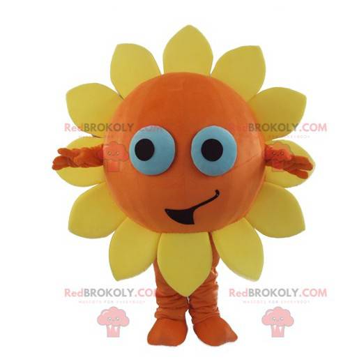 Orange und gelbes Blumenmaskottchen sehr lächelnde Sonne -