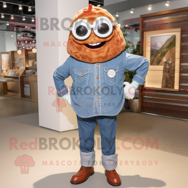 Rust Oyster mascot costume character dressed with a Chambray Shirt and Eyeglasses Rust Oyster mascot costume character dressed with a Chambray Shirt and Eyeglasses