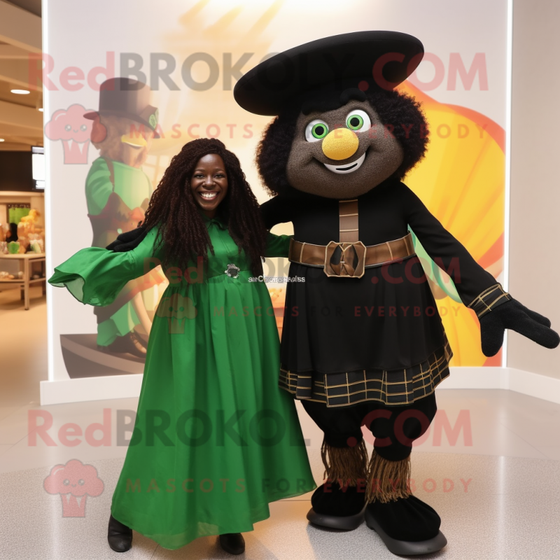 Black Leprechaun mascot costume character dressed with a Midi Dress and Scarves Black Leprechaun mascot costume character dressed with a Midi Dress and Scarves