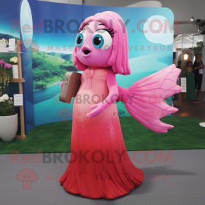 Pink Betta Fish mascot costume character dressed with a Maxi Dress and Handbags
