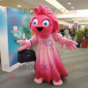 Pink Betta Fish mascot costume character dressed with a Maxi Dress and Handbags