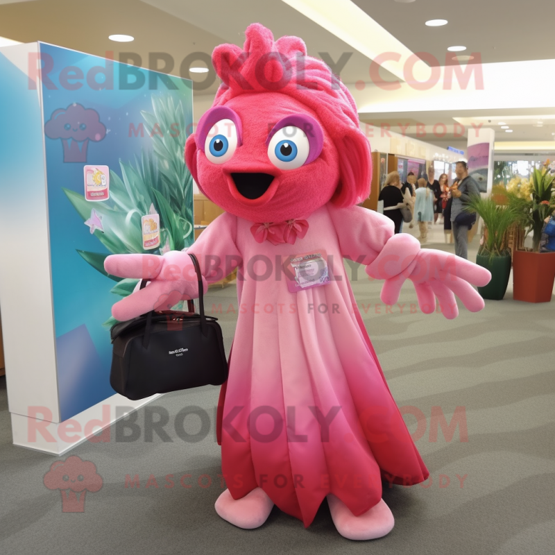 Pink Betta Fish mascot costume character dressed with a Maxi Dress and Handbags Pink Betta Fish mascot costume character dressed with a Maxi Dress and Handbags