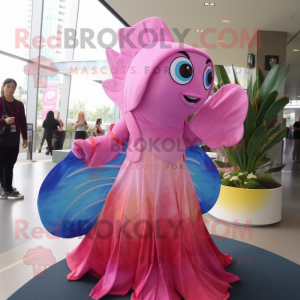 Pink Betta Fish mascot costume character dressed with a Maxi Dress and Handbags