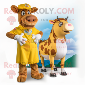 Gold Guernsey Cow mascot costume character dressed with a Playsuit and Brooches