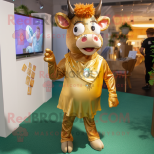 Gold Guernsey Cow mascot costume character dressed with a Playsuit and Brooches