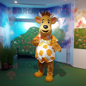 Gold Guernsey Cow mascot costume character dressed with a Playsuit and Brooches