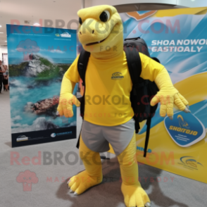 Lemon Yellow Komodo Dragon mascot costume character dressed with a Board Shorts and Backpacks