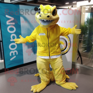 Lemon Yellow Komodo Dragon mascot costume character dressed with a Board Shorts and Backpacks