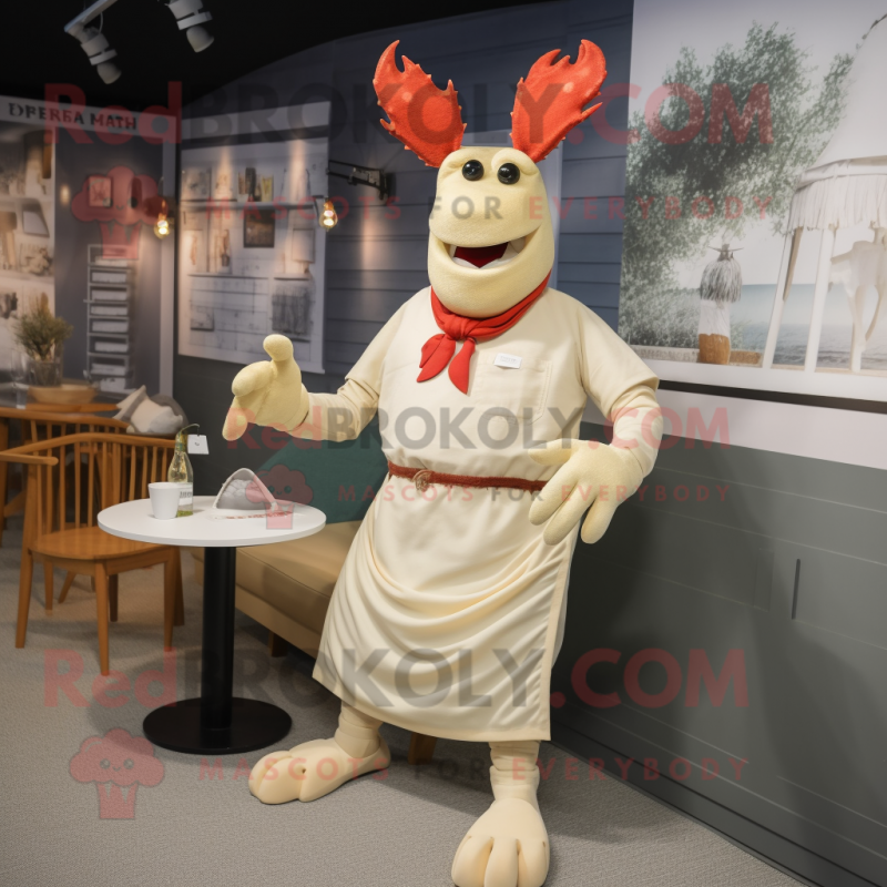 Cream Lobster mascot costume character dressed with a Cocktail Dress and Belts