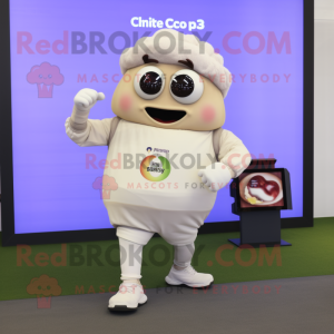 Cream Plum mascot costume character dressed with a Chinos and Smartwatches