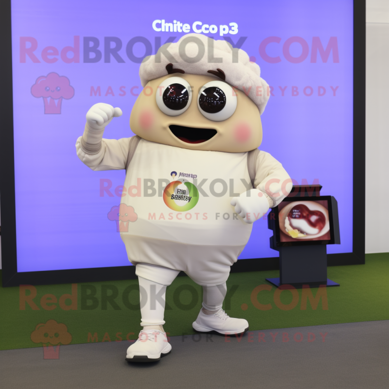 Cream Plum mascot costume character dressed with a Chinos and Smartwatches