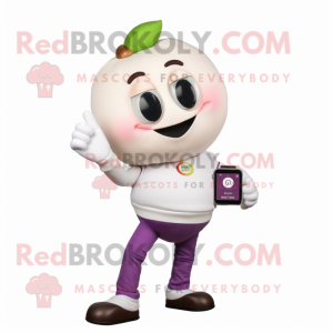 Cream Plum mascot costume character dressed with a Chinos and Smartwatches