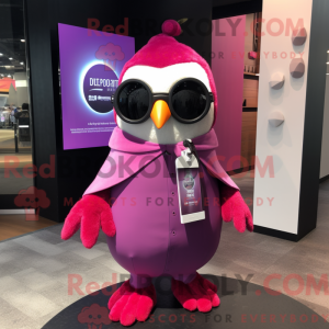Maskotfigur af en magenta...