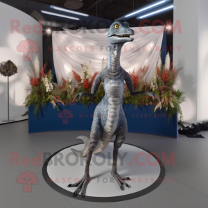 Gray Coelophysis mascot costume character dressed with a Evening Gown and Hairpins