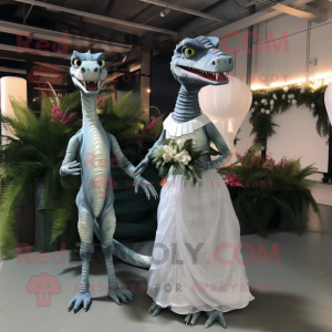 Gray Coelophysis mascot costume character dressed with a Evening Gown and Hairpins