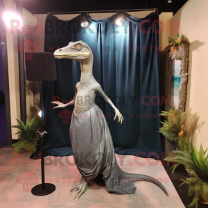 Gray Coelophysis mascot costume character dressed with a Evening Gown and Hairpins