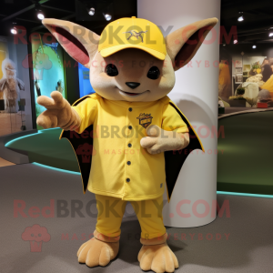 Yellow Bat mascot costume character dressed with a Henley Shirt and Wraps