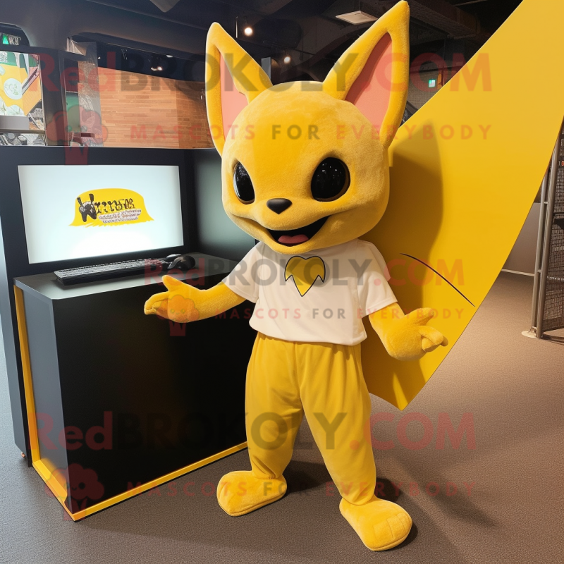 Yellow Bat mascot costume character dressed with a Henley Shirt and Wraps Yellow Bat mascot costume character dressed with a Henley Shirt and Wraps
