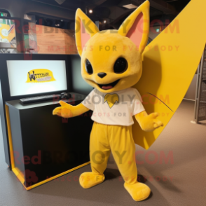 Yellow Bat mascot costume character dressed with a Henley Shirt and Wraps