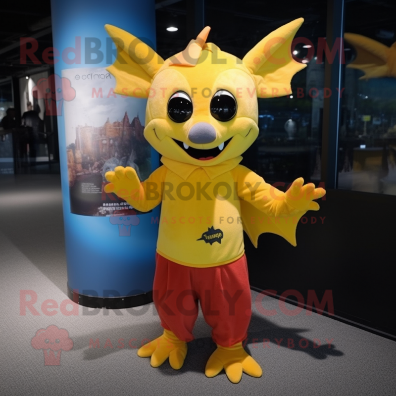 Yellow Bat mascot costume character dressed with a Henley Shirt and Wraps