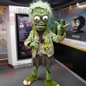 Olive Zombie mascot costume character dressed with a Cardigan and Brooches