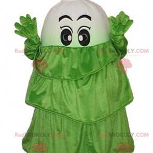 Mascotte van witte groente prei met een groene jurk -