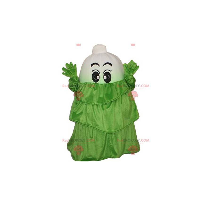 Mascotte van witte groente prei met een groene jurk -