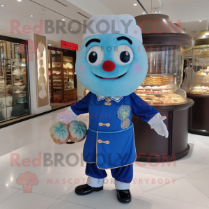Blue Dim Sum mascot costume character dressed with a Polo Shirt and Brooches