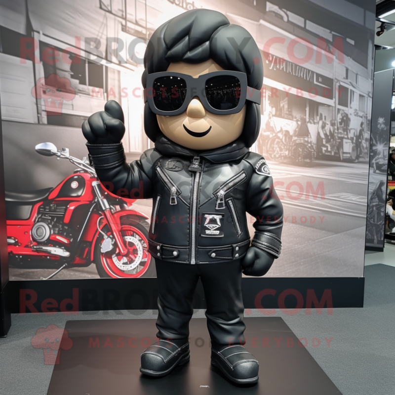 Black Pendant mascot costume character dressed with a Biker Jacket and Eyeglasses Black Pendant mascot costume character dressed with a Biker Jacket and Eyeglasses
