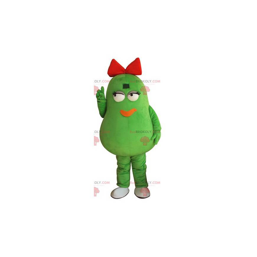 Mascotte de fève de patate verte géante avec un nœud rouge -