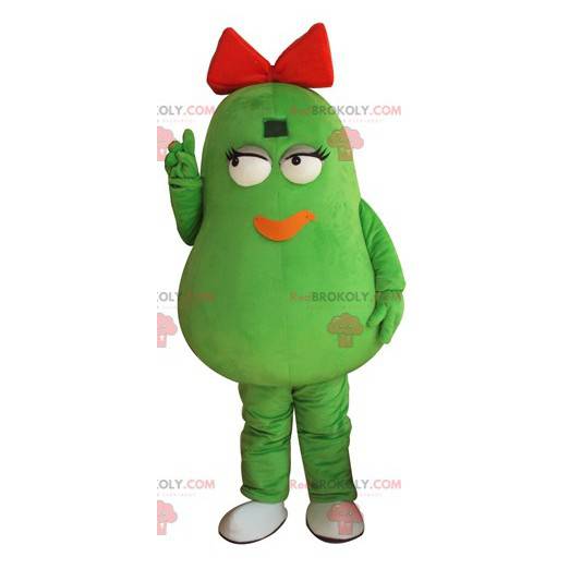 Mascote gigante do feijão de batata verde com um laço vermelho
